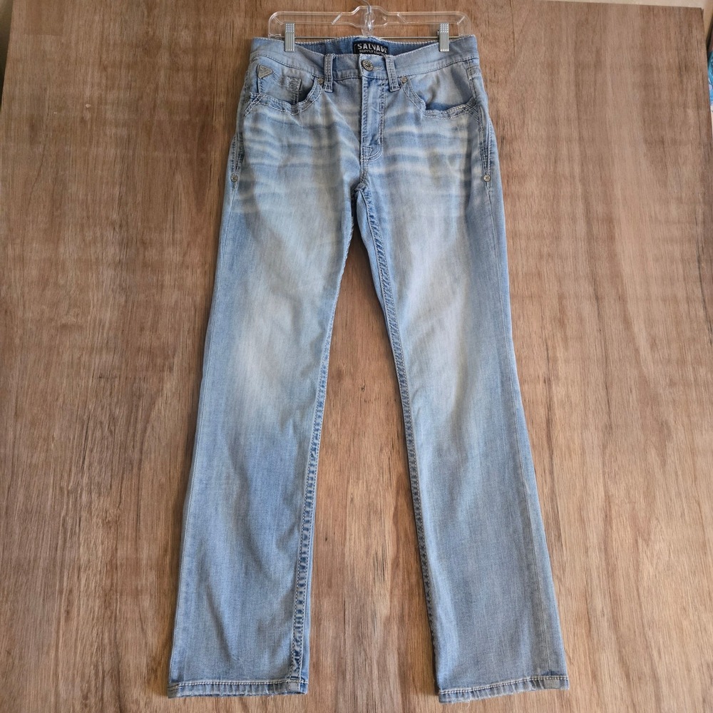 Salvage Supply Co Mayhem Straight Jeans Mens 32x32 Light Wash Buckle Blue Denim